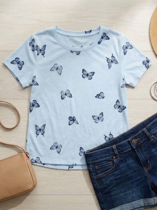 The Unbranded Brand Tops - Women's Light Blue Butterfly Print Short Sleeve Tee size S